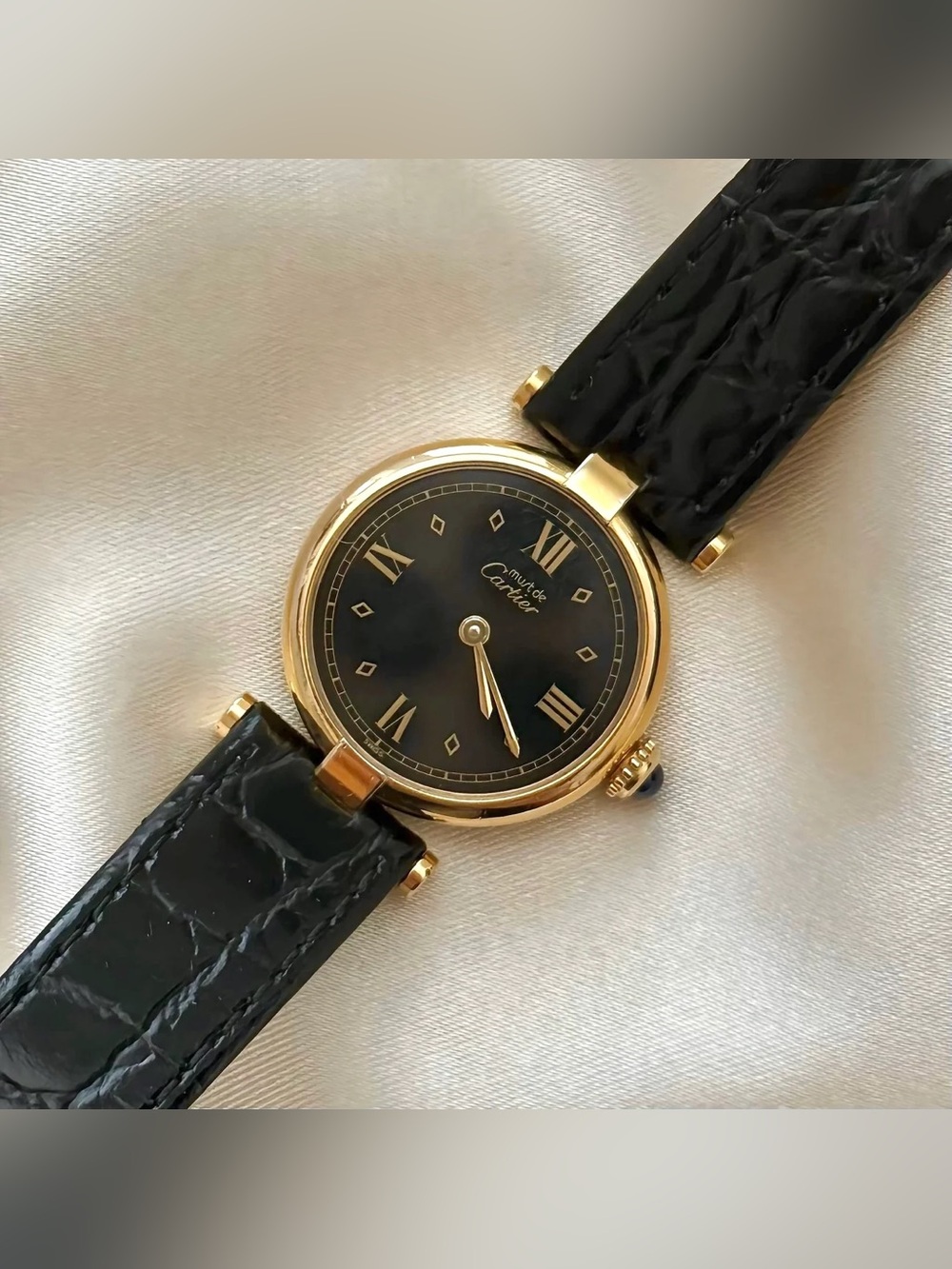 AUTHENTIC VINTAGE CARTIER BLACK LEATHER WATCH - WITH BOX - Picture 6 of 8